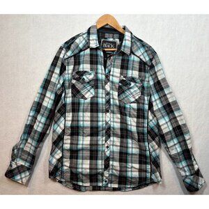Buckle Black Mens Long Sleeve Shirt Plaid Athletic Fit Button Front Size Large L